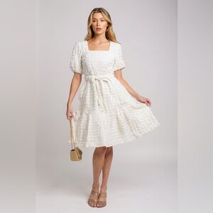 ON CLOUD NINE PUFF SLEEVE SQUARE NECK TIERED POCKETS MIDI DRESS